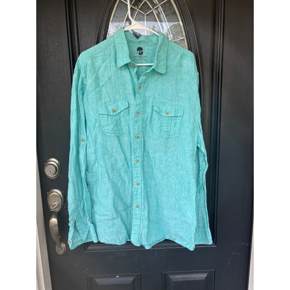Ocean & Coast Mens XL 100% Linen Button Down Turquoise Aqua Roll Tab Sleeve